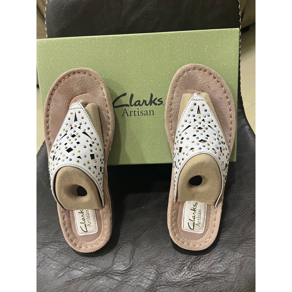 Clarks Latin‎ Bolero Sandals Womens 7.5 White Excellent Studded Leather Wedge